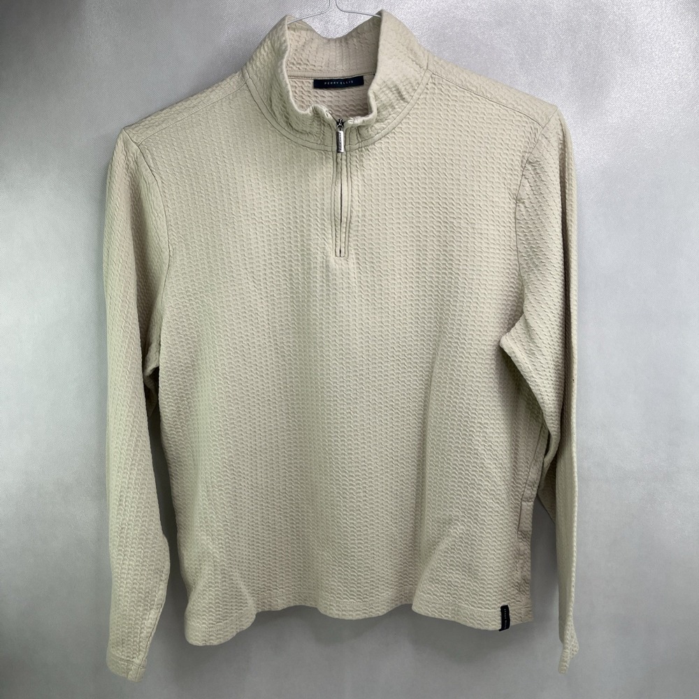 Perry Ellis Polo Men's XL Pullover Cream 1/4 Zip Long Sleeve Ribbed